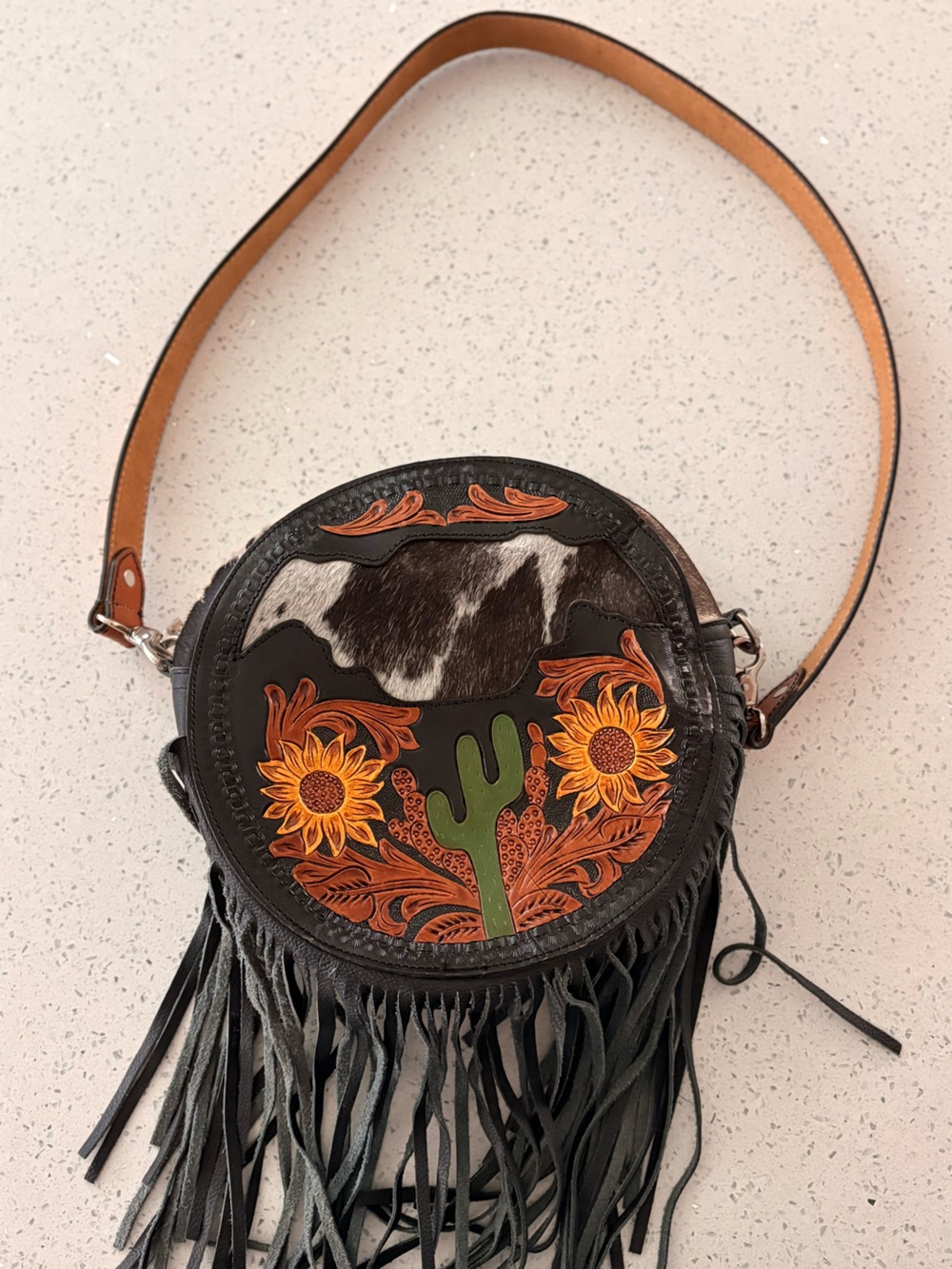 Black Leather Round Crossbody Bag with Cowhide, Sunflower & Cactus Motif